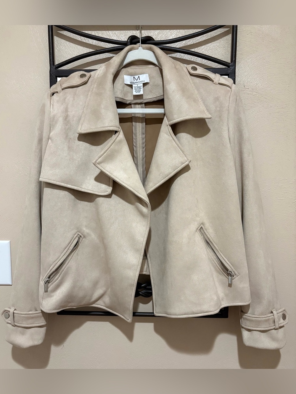 Magaschoni Beige Suede-Effect Moto Jacket